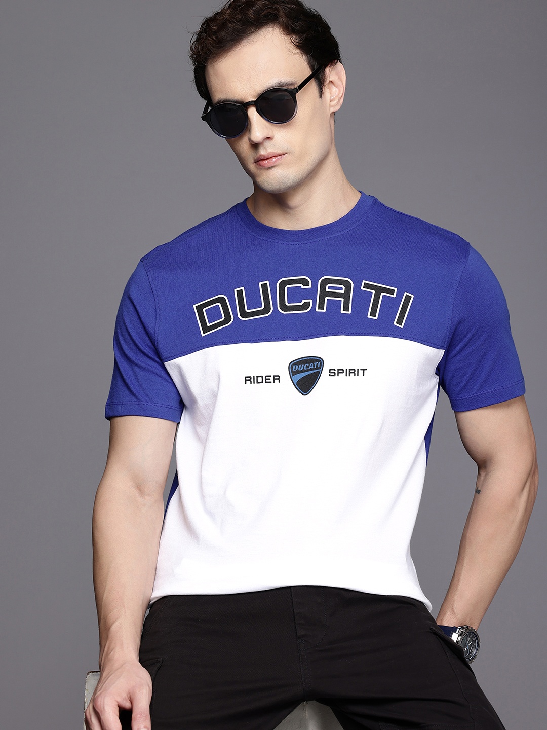 

Ducati Brand Logo Printed Colourblocked Pure Cotton T-shirt, Blue