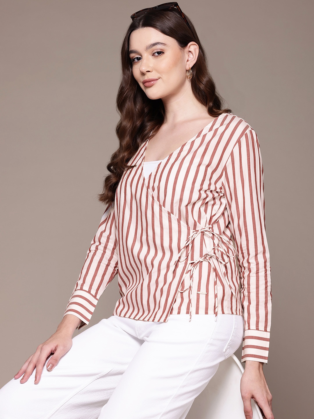 

Nautica Striped Cotton Wrap Top, Rust