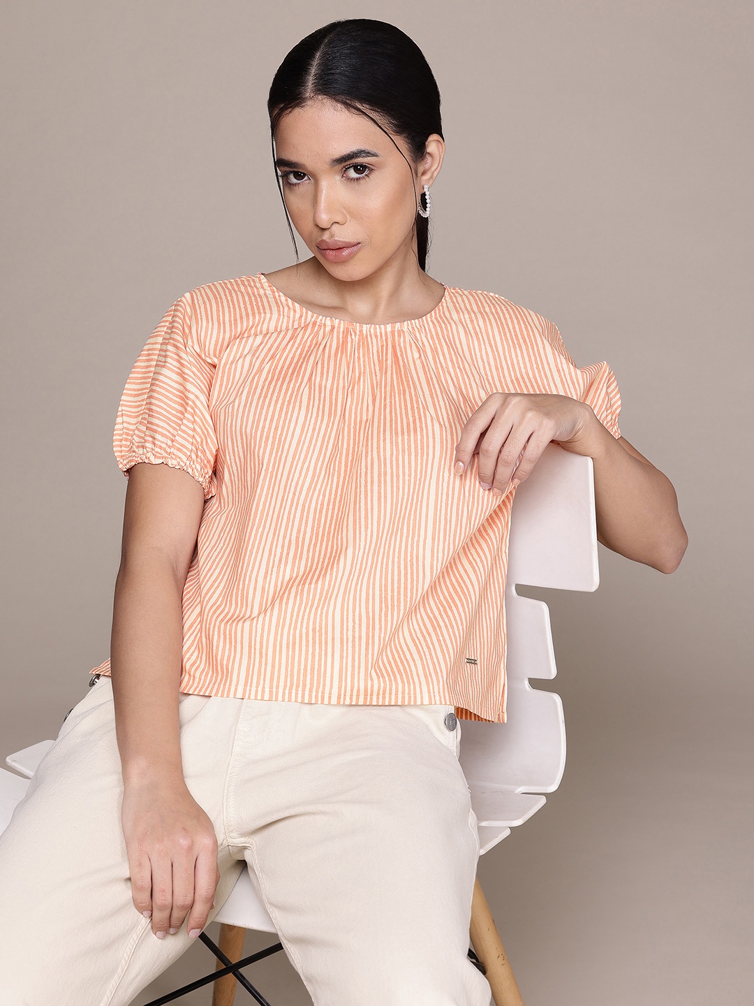 

Nautica Striped Puff Sleeve Cotton Top, Peach