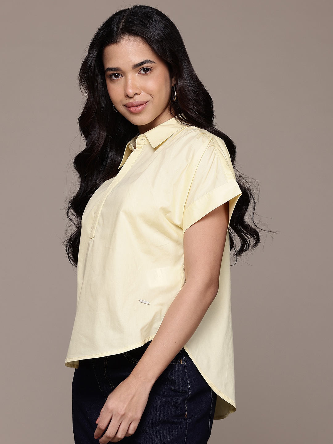 

Nautica Shirt Collar Extended Sleeves Pure Cotton Shirt Style Top, Yellow