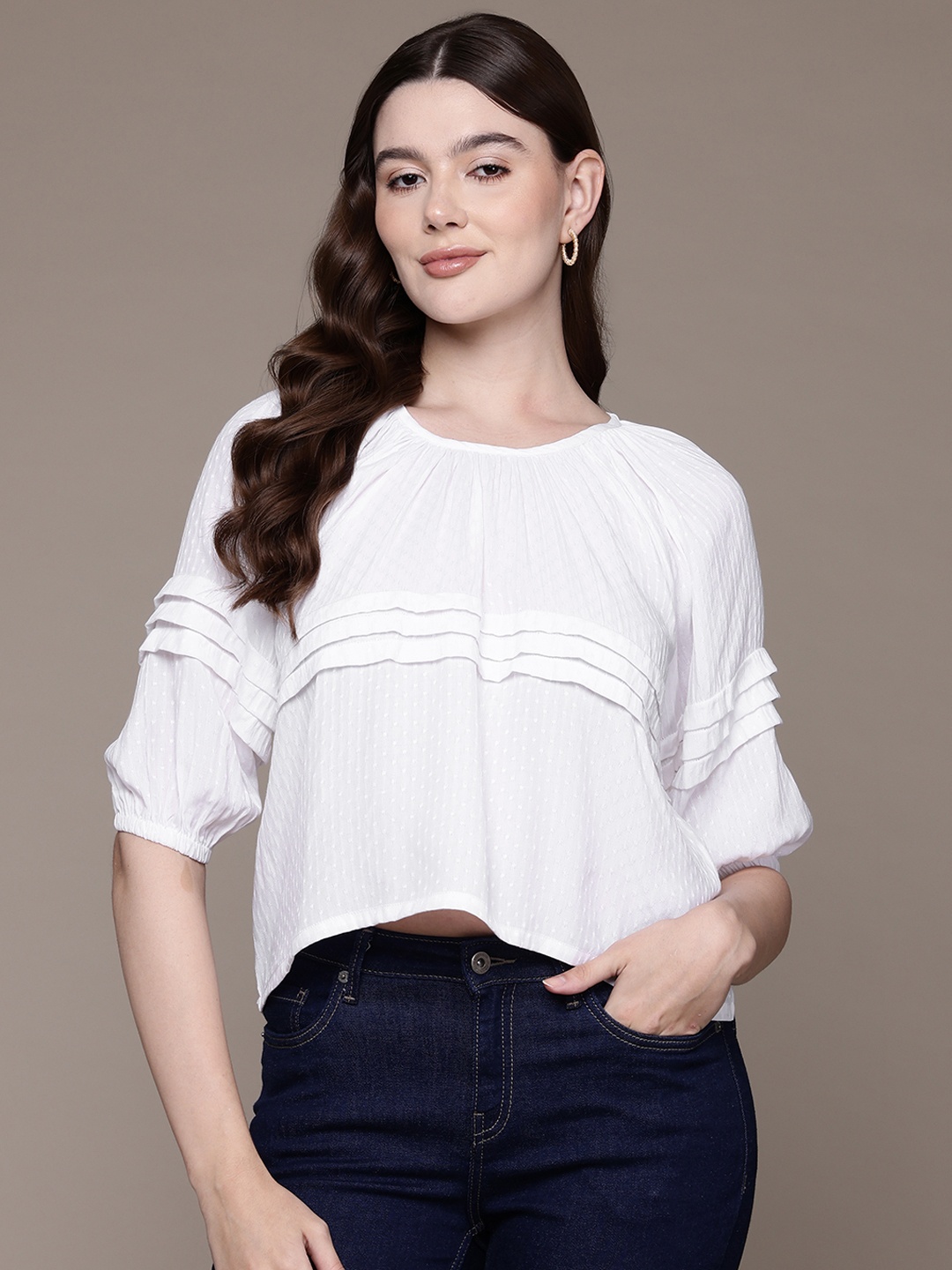 

Nautica Extended Sleeves Self Design Top, White