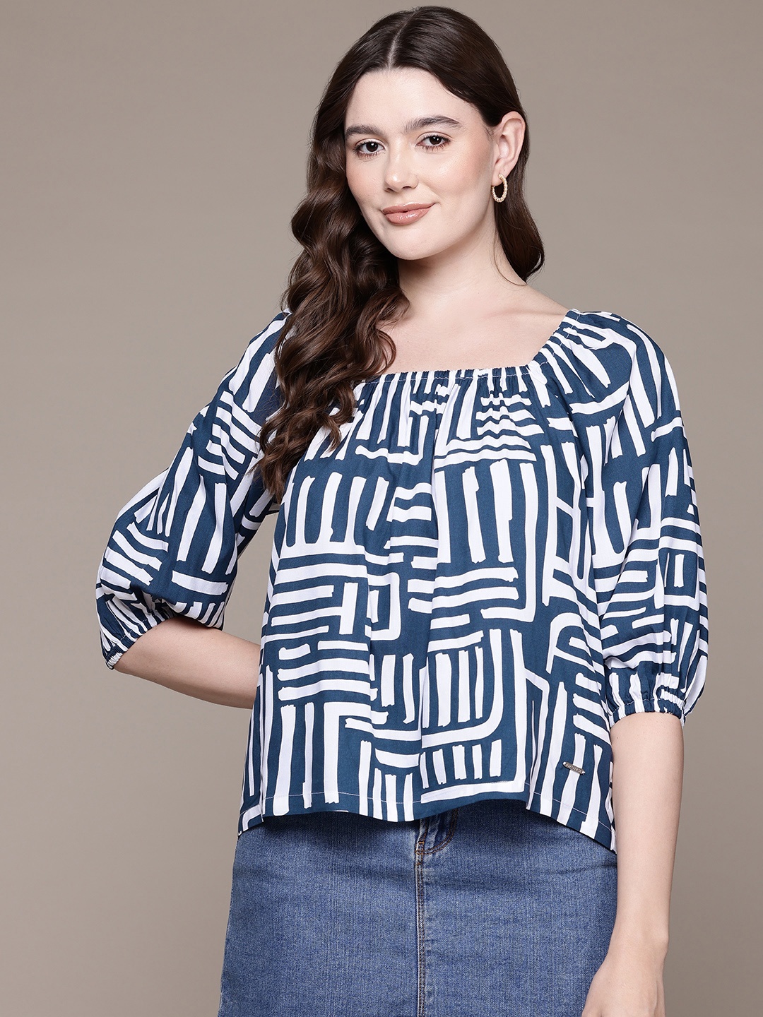 

Nautica Geometric Print Pure Cotton Top, Navy blue