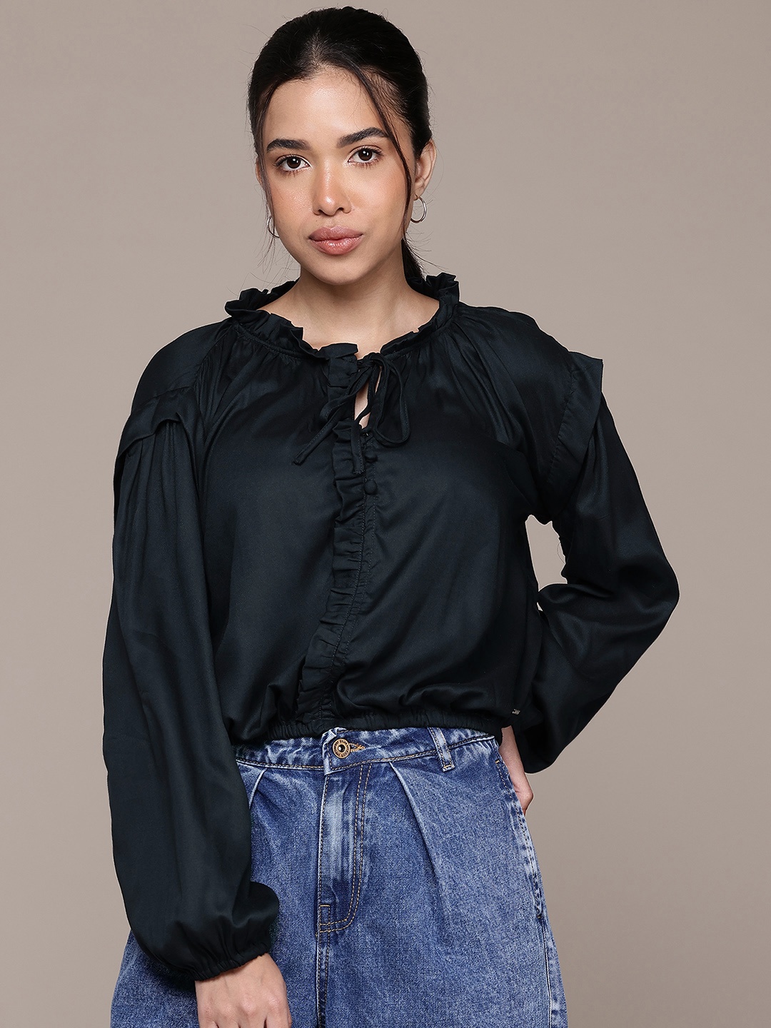 

Nautica Tie-Up Neck Puff Sleeve Ruffles Top, Navy blue