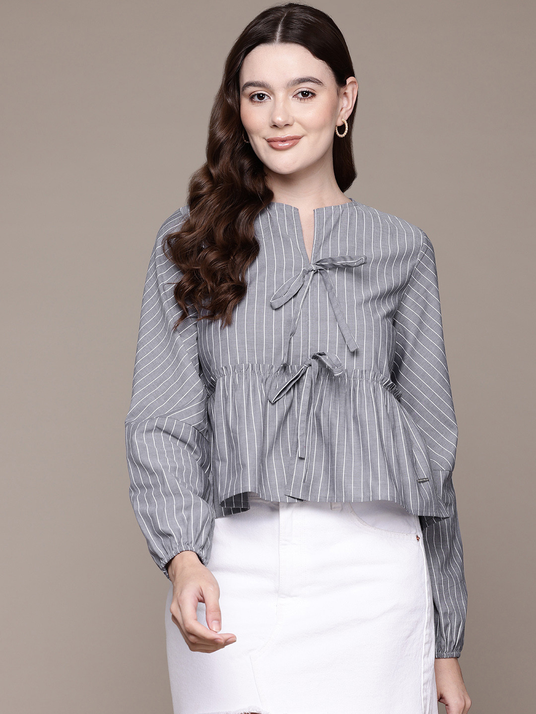 

Nautica Bow Detail Striped Pure Cotton Top, Grey