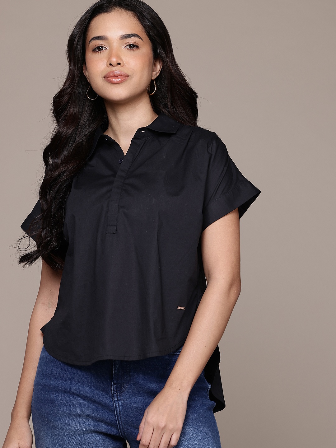 

Nautica Shirt Collar Pure Cotton Shirt Style Top, Black