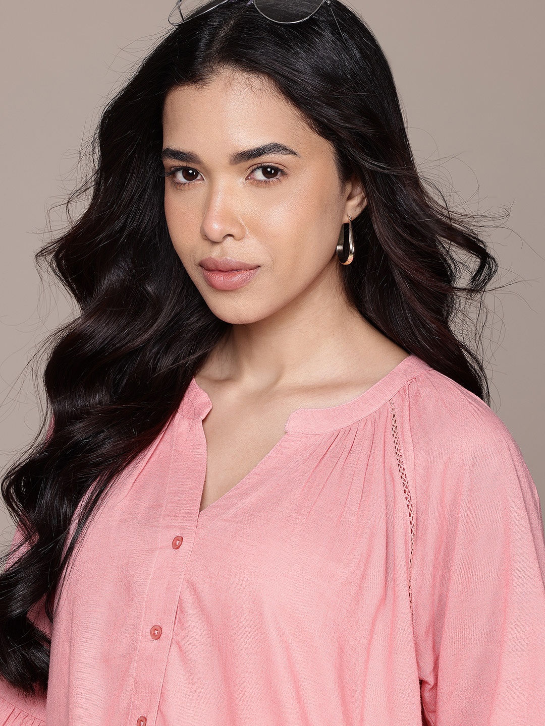 

Nautica Mandarin Collar Cotton Linen Regular Top, Pink