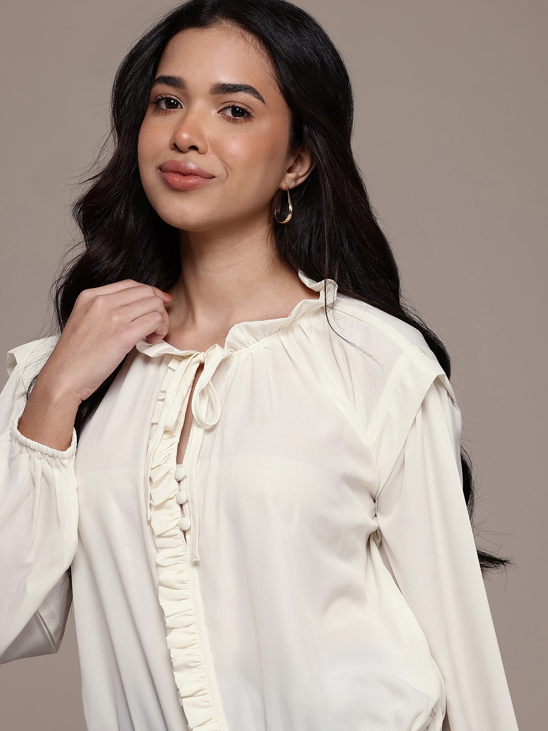 

Nautica Tie-Up Neck Puff Sleeve Ruffles Top, Cream