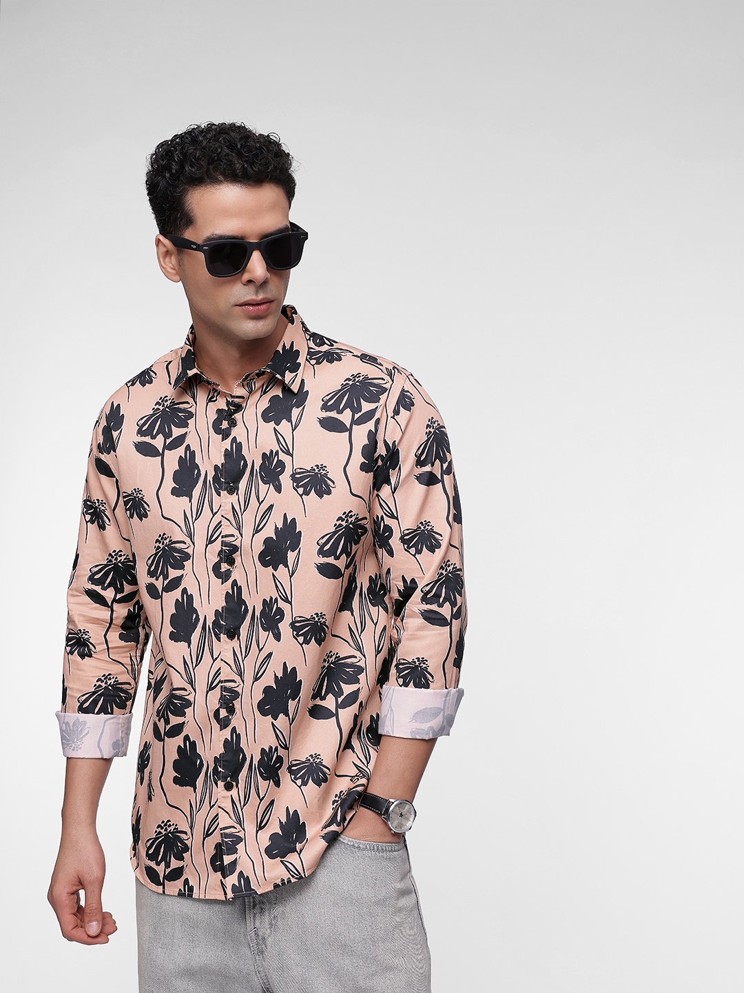

French Connection Pure Cotton Slim Fit Floral Printed Casual Shirt, Peach