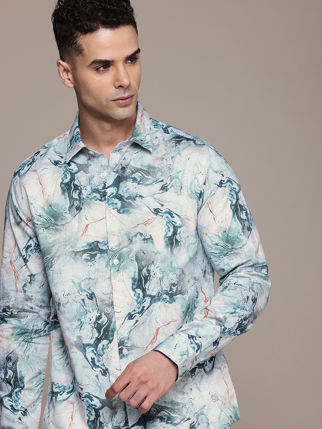 

French Connection Slim Fit Abstract Printed Pure Cotton Casual Shirt, Beige