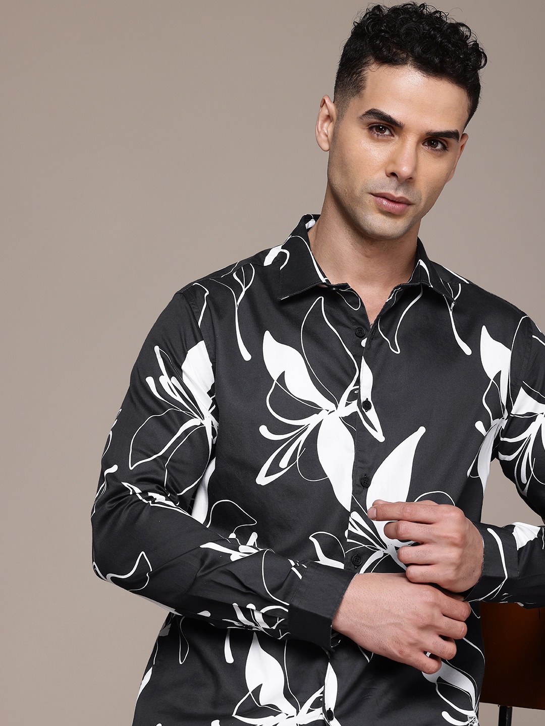 

French Connection Slim Fit Floral Printed Pure Cotton Casual Shirt, Black