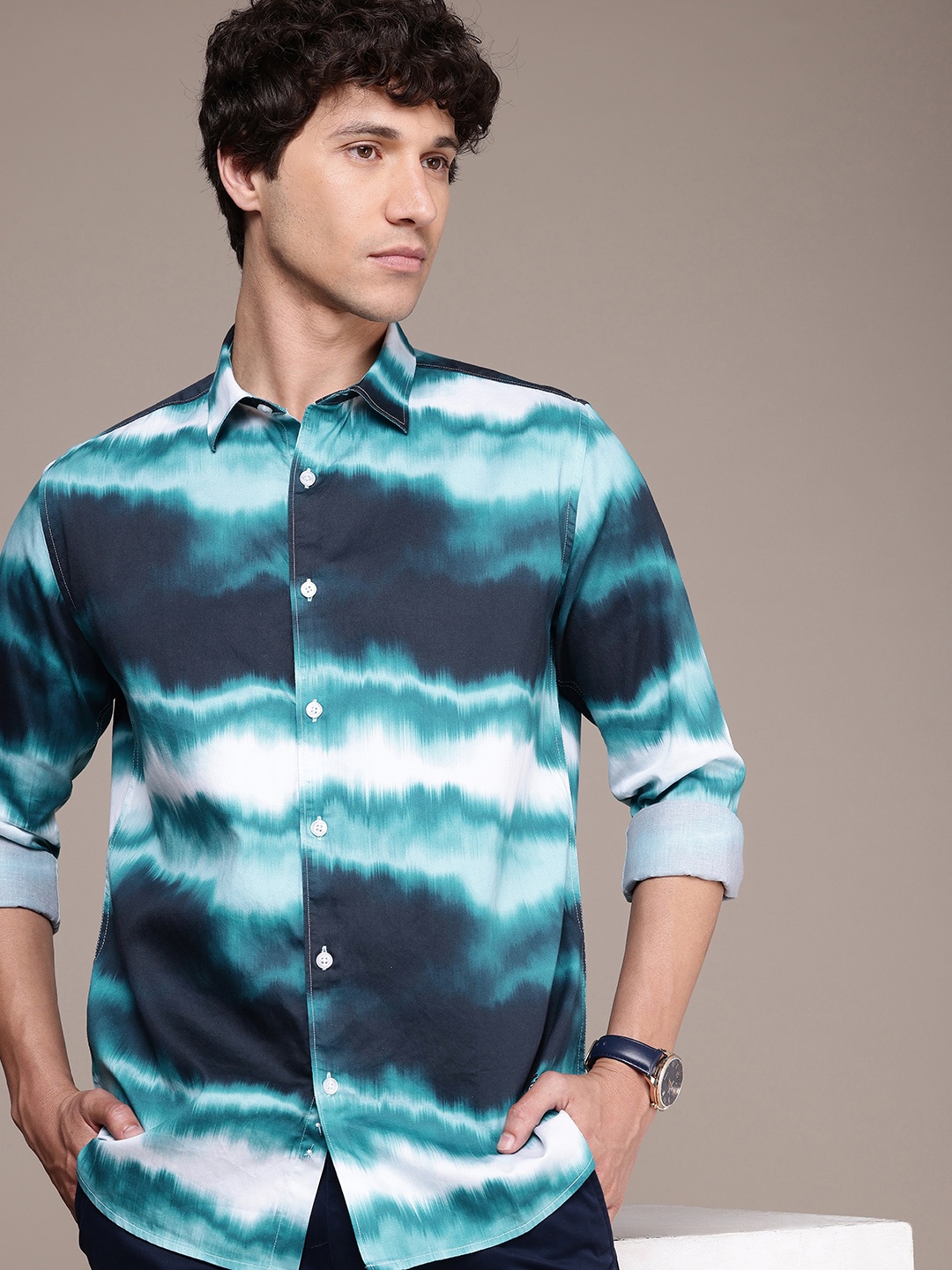 

French Connection Slim Fit Dyed Opaque Pure Cotton Casual Shirt, Turquoise blue