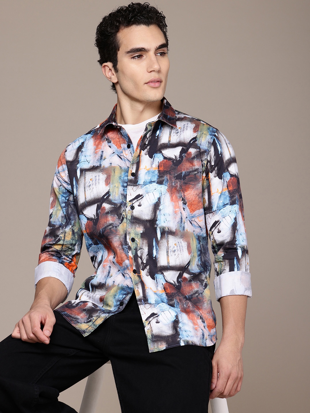 

French Connection Slim Fit Abstract Printed Pure Cotton Casual Shirt, White