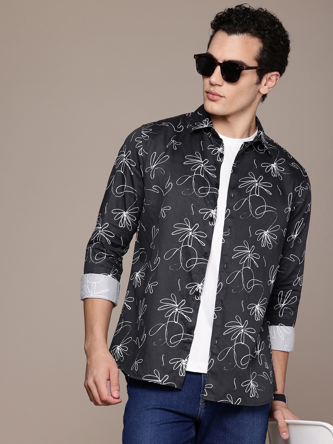 

French Connection Slim Fit Abstract Printed Pure Cotton Casual Shirt, Black