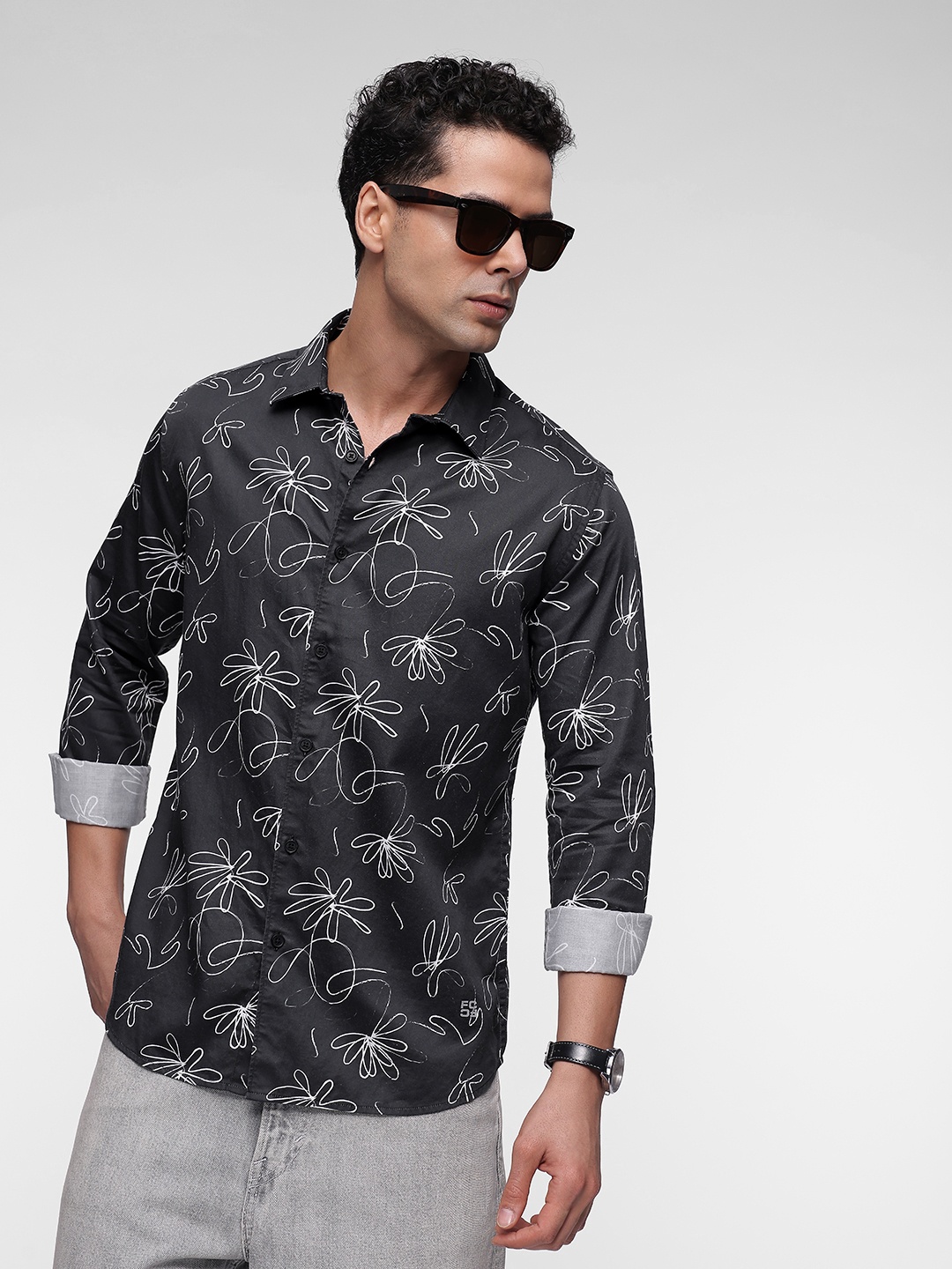 

French Connection Pure Cotton Slim Fit Abstract Printed Casual Shirt, Black