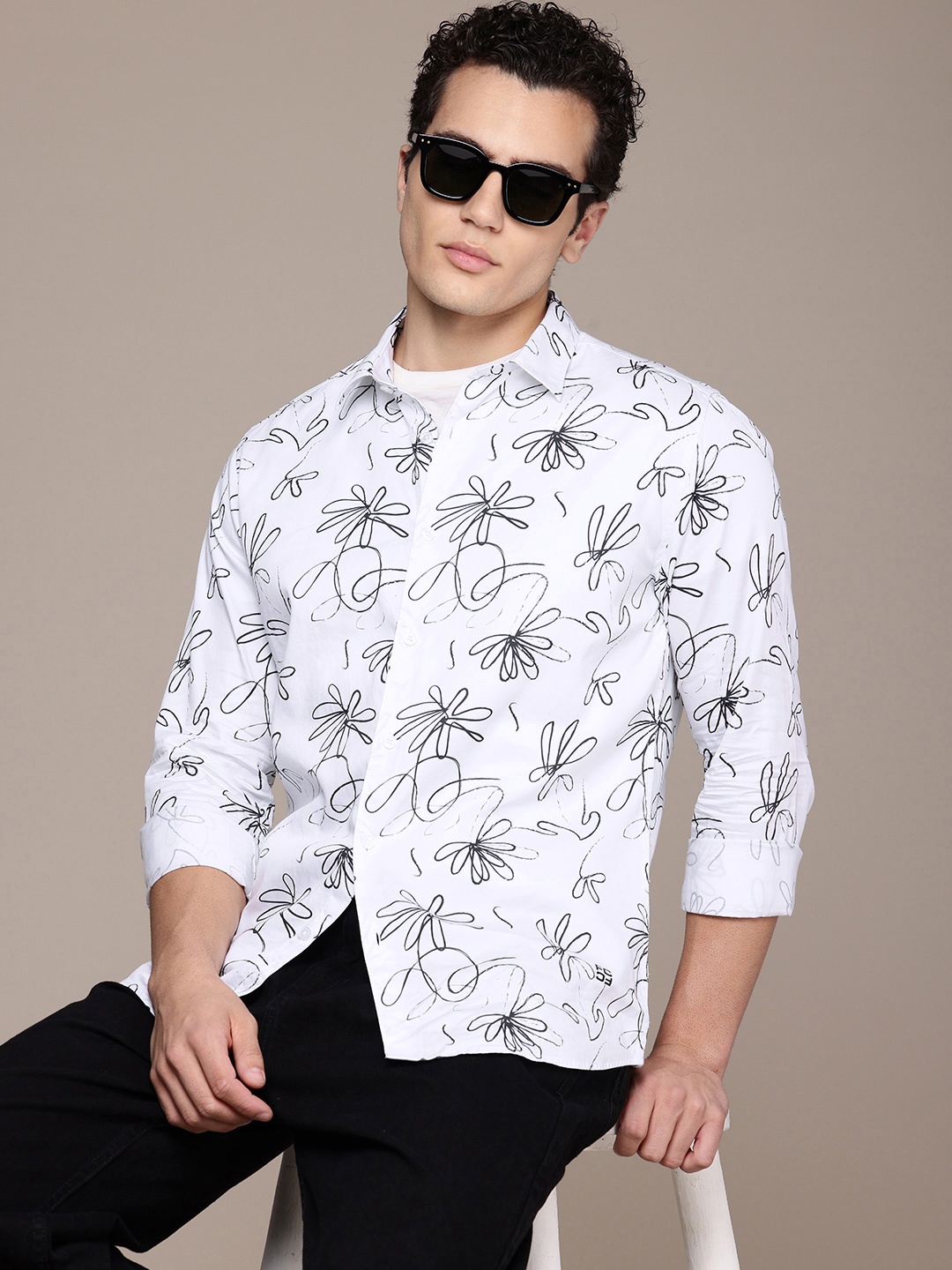 

French Connection Slim Fit Abstract Printed Pure Cotton Casual Shirt, White