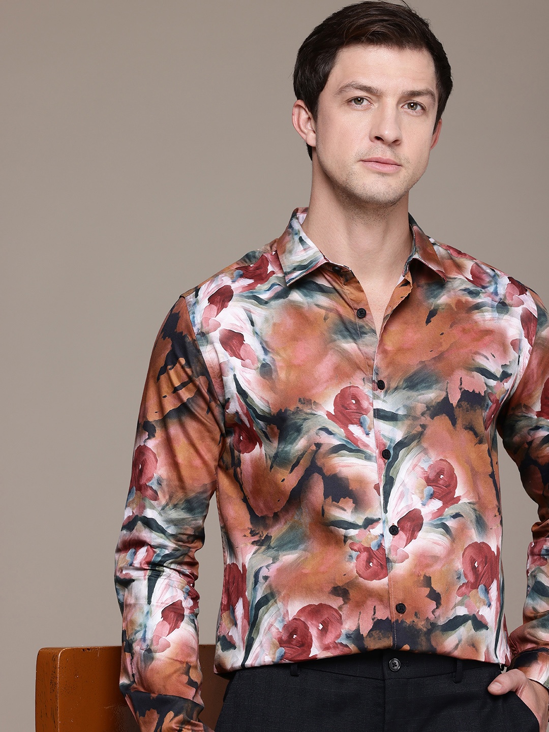 

French Connection Slim Fit Floral Printed Pure Cotton Casual Shirt, Brown