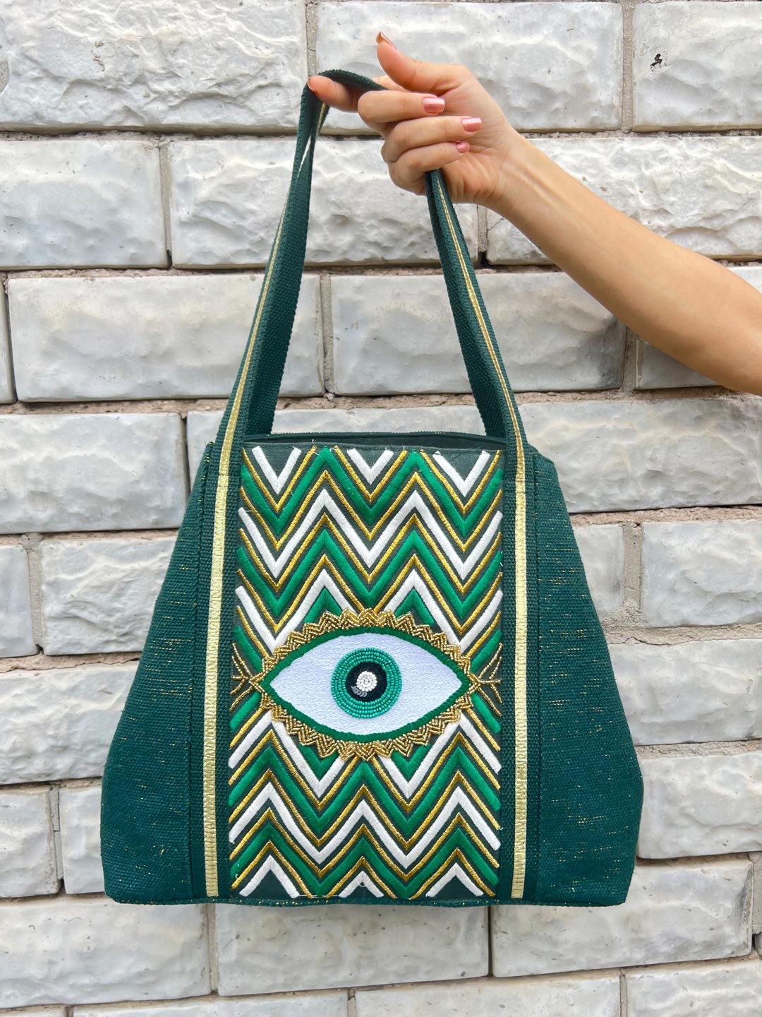 

BohoGirl Evil Eye Embellished Structured Cotton Handheld Bag, Green