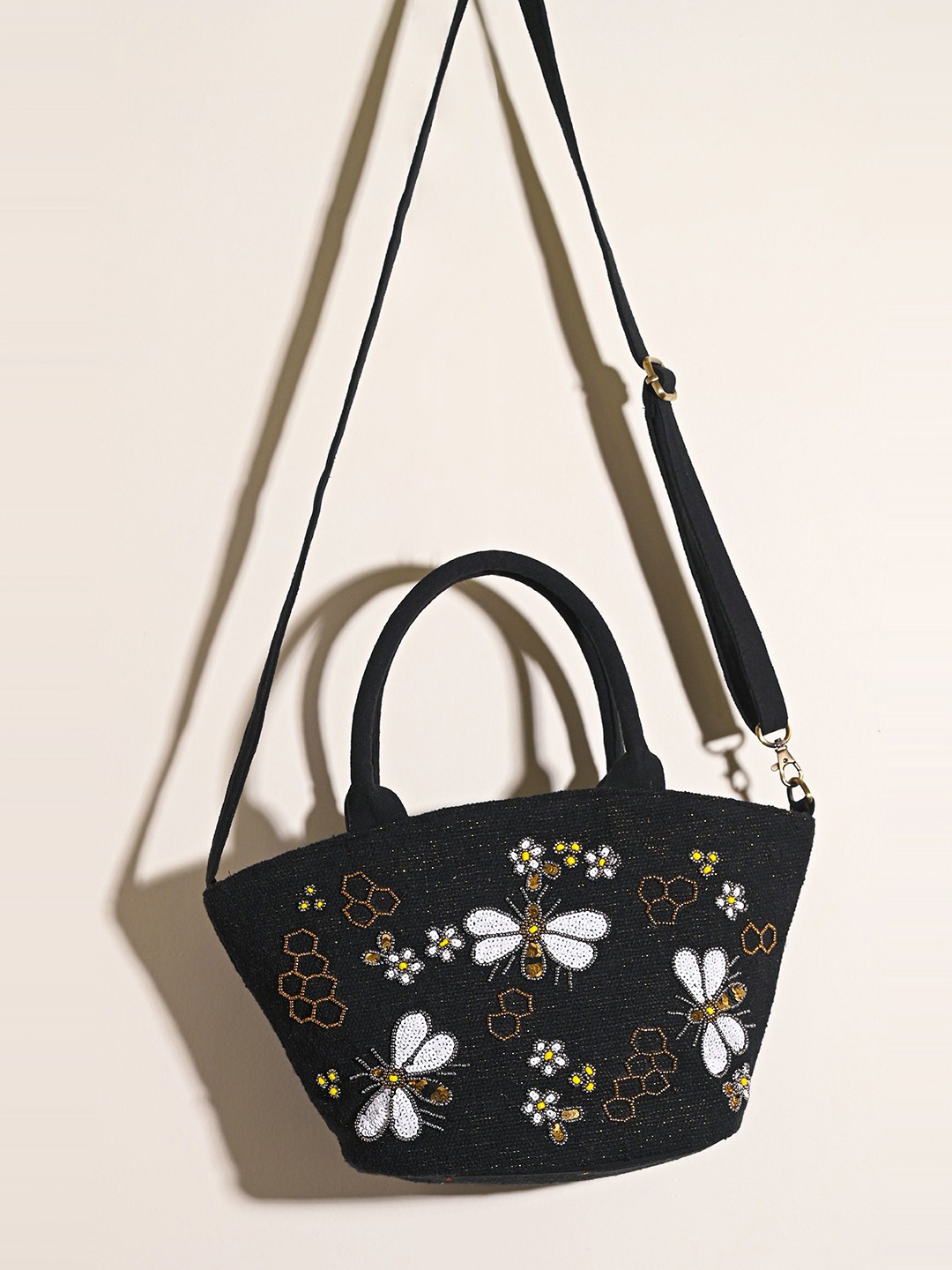 

BohoGirl Butterfly Embellished Structured Cotton Handheld Bag, Black