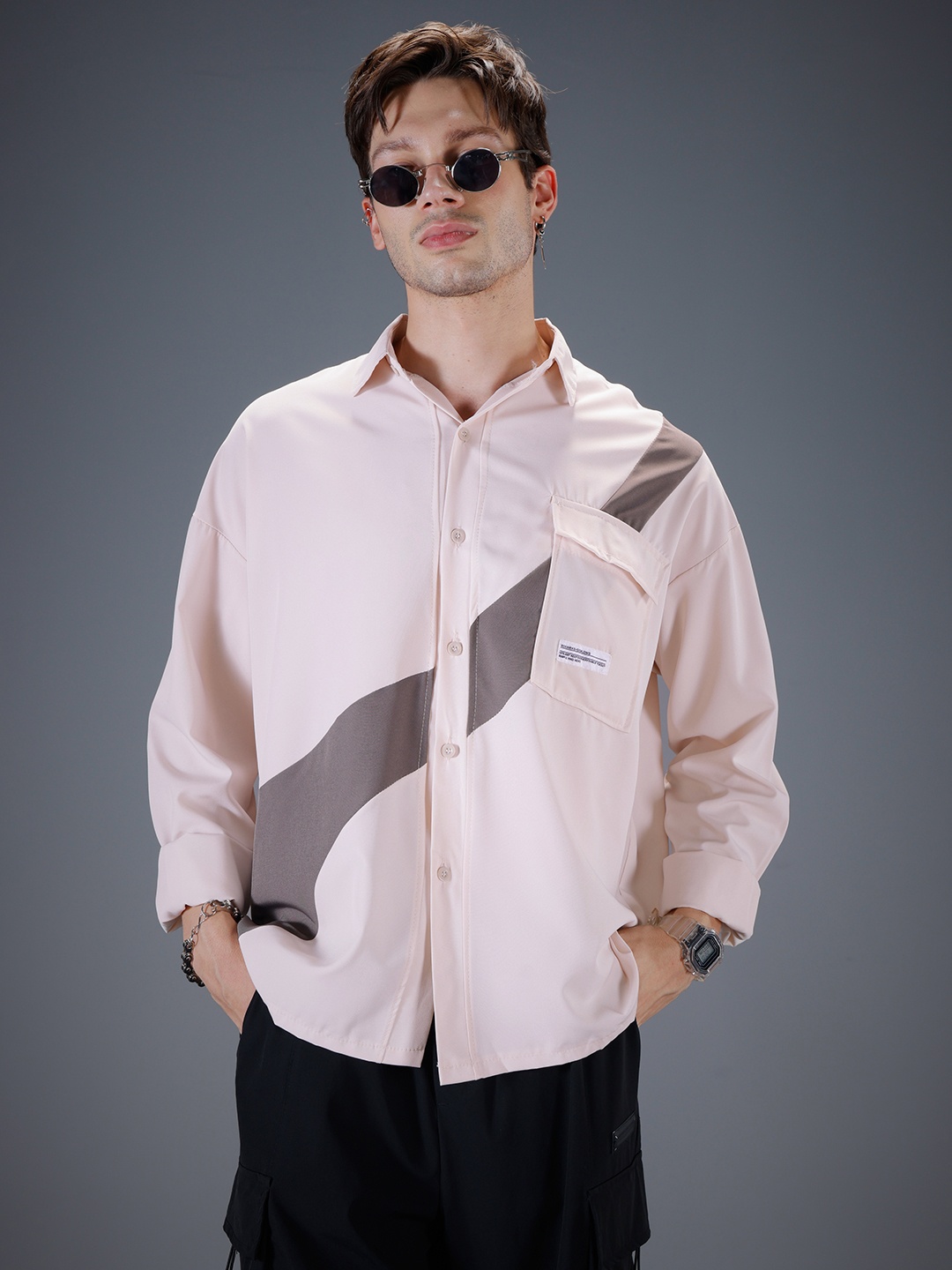

SOKO STREET Relaxed Fit Drop-Shoulder Sleeves Casual Shirt, Beige