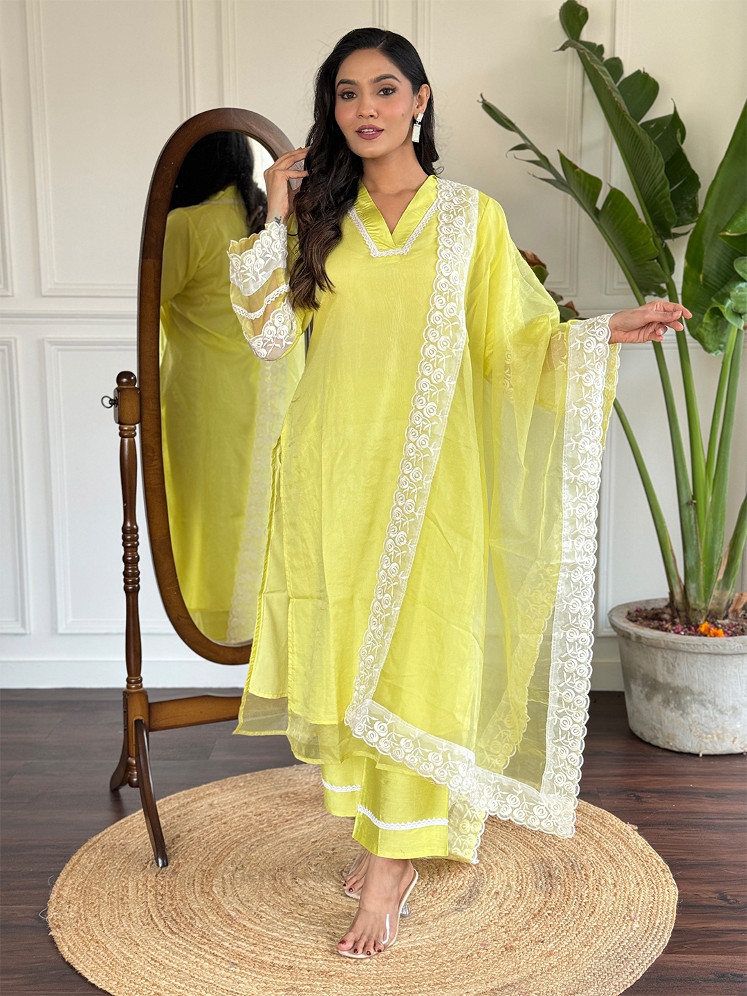 

KALINI V-Neck Thread Work Kurta with Trousers & Dupatta, Yellow