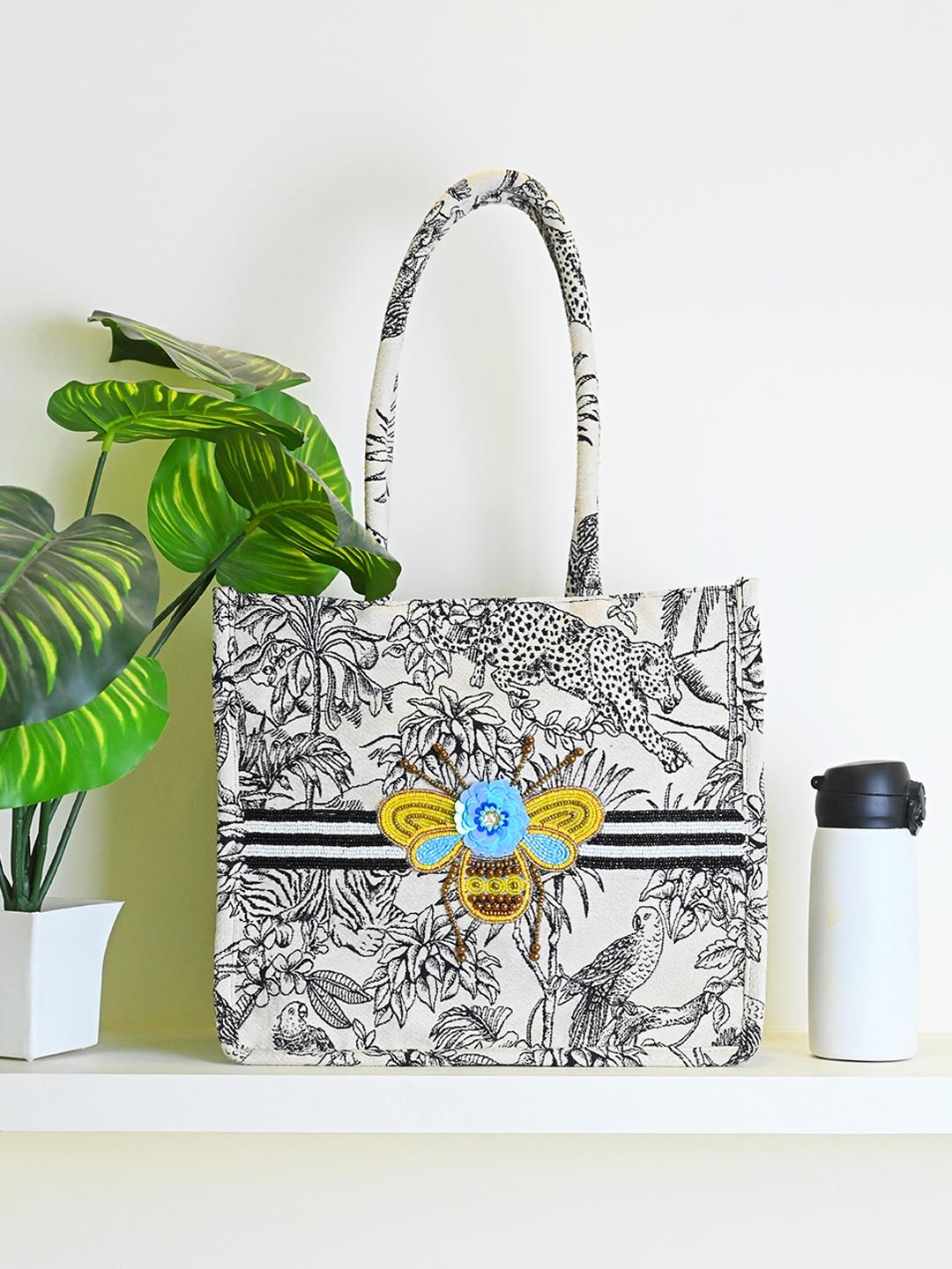 

BohoGirl Safari Tropical Printed Structured Cotton Tote Bag, Black