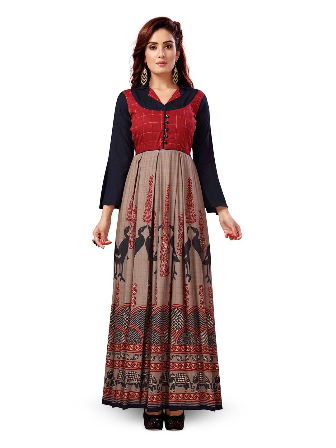 

MADHURAM Printed Maxi Ethnic Dress, Maroon