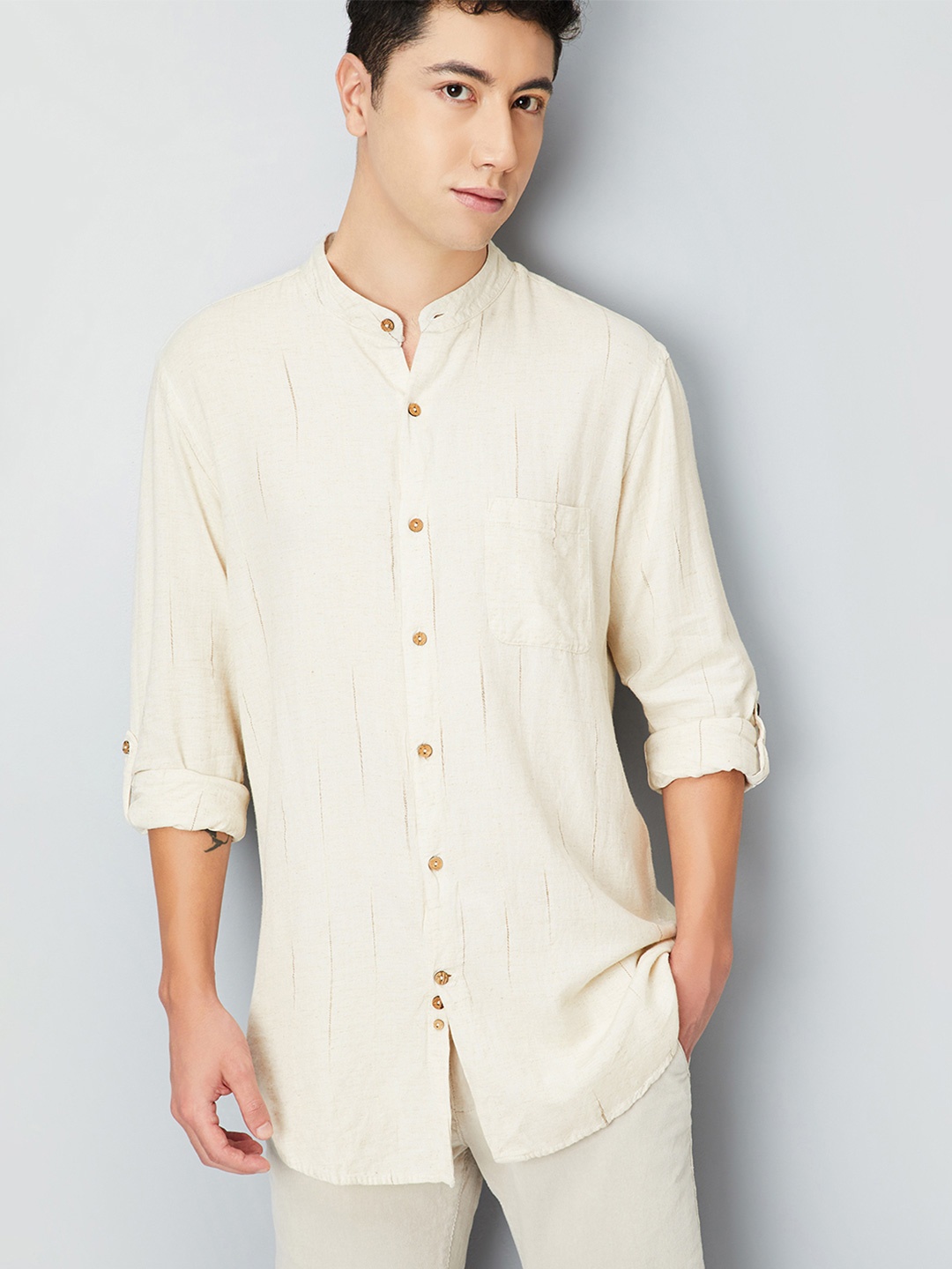 

max Striped Mandarin Collar Pure Cotton Kurta, Off white