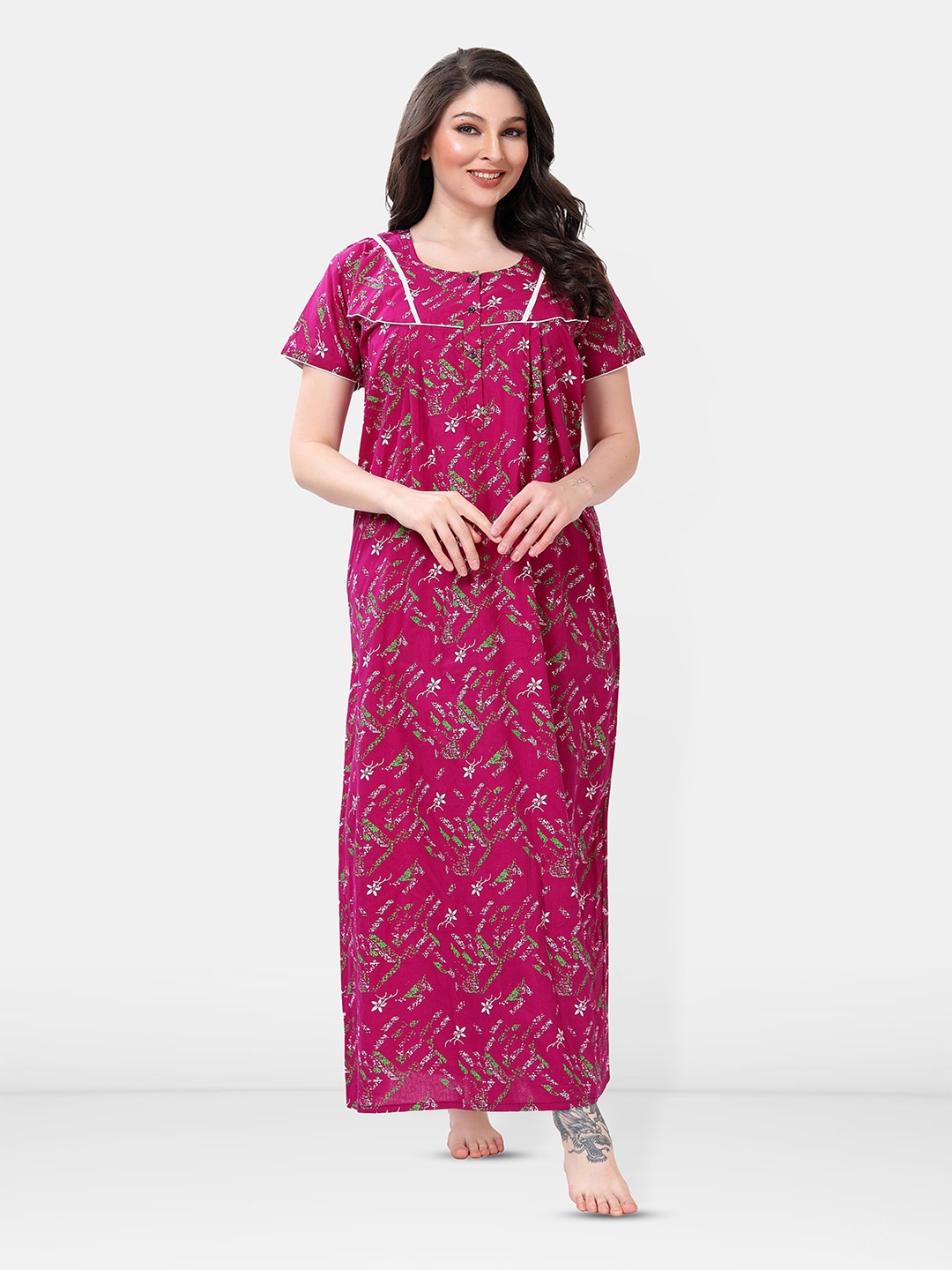 

Be You Printed Pure Cotton Maxi Nightdress, Magenta
