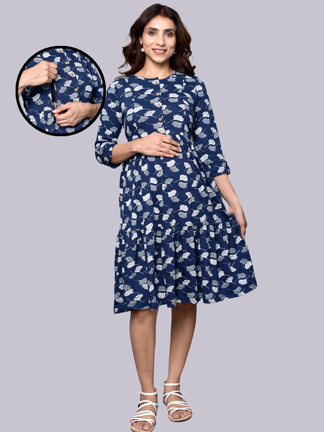 

Inner Sense Floral Print Organic Cotton Maternity Fit & Flare Dress, Navy blue