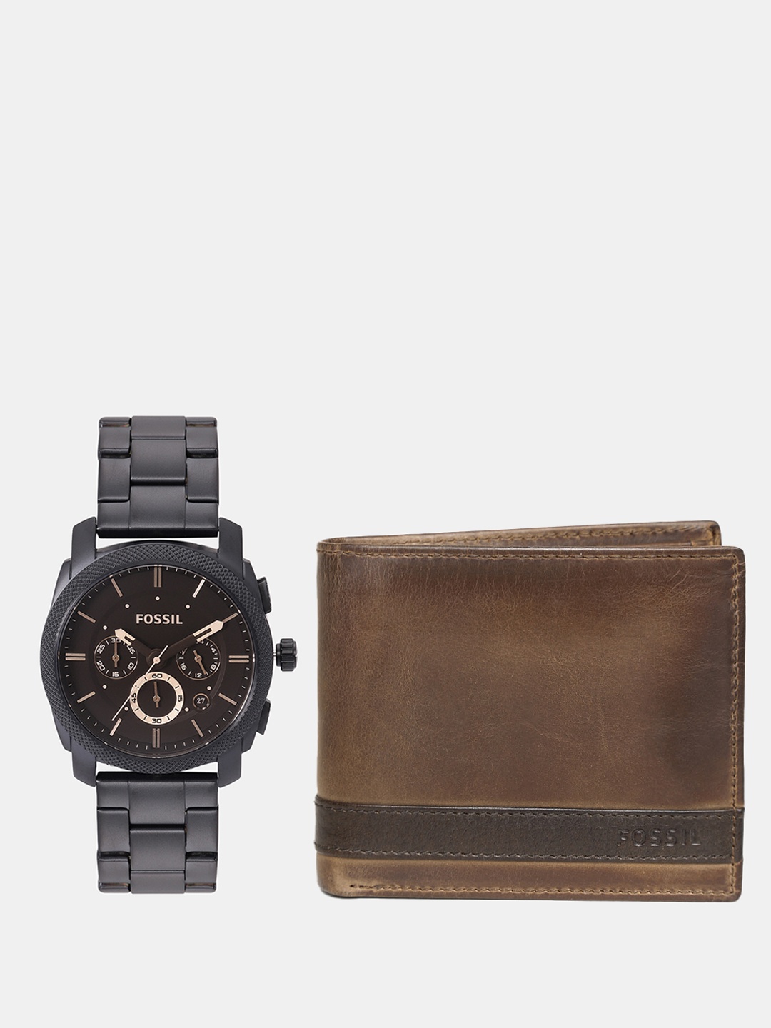 

Fossil Men Set Of 2 Two Fold Wallet With Analogue Watch FS4682_SOR-Black-9037395, Coffee brown