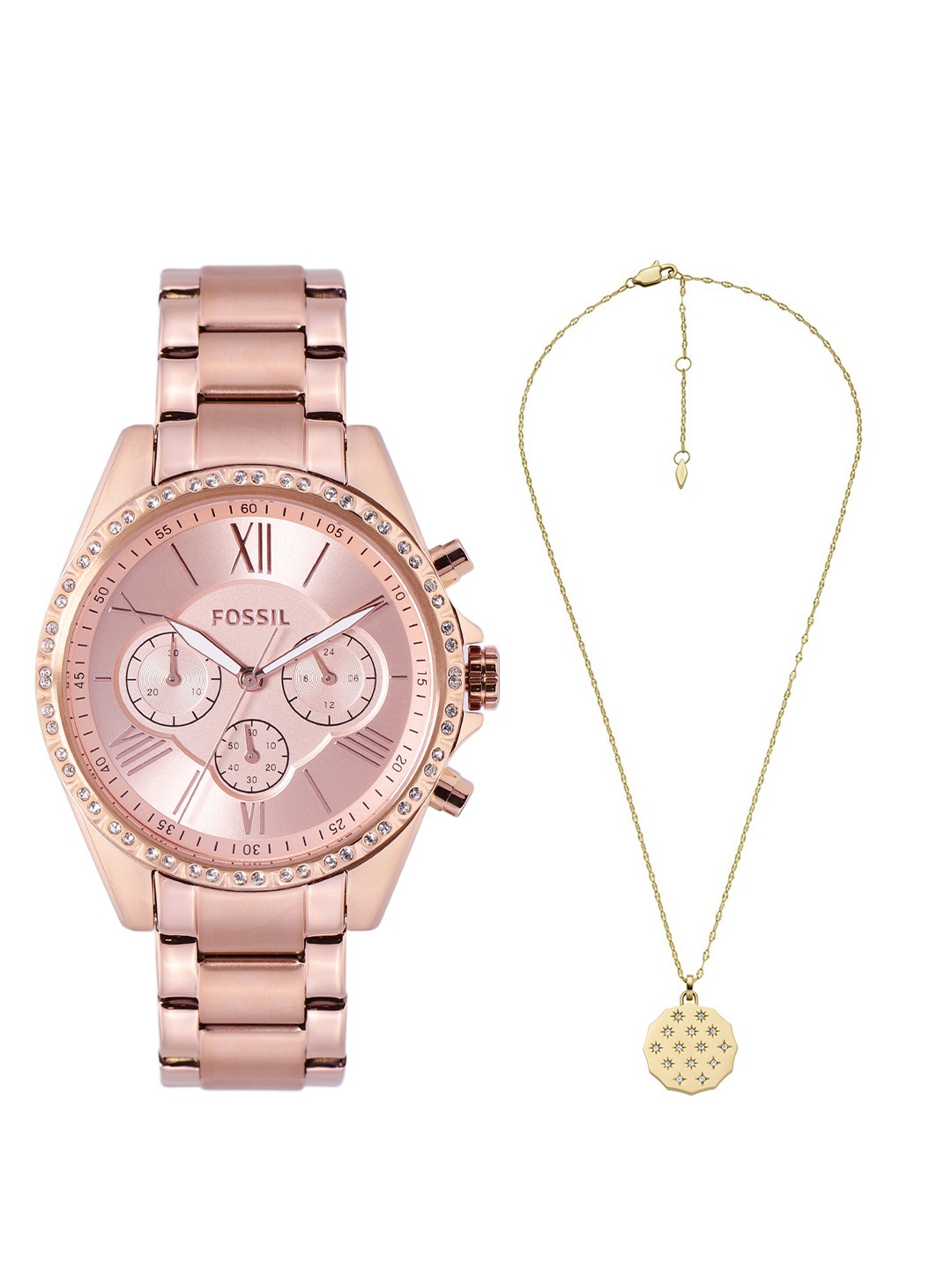 

Fossil Women Set Of 2 Embellished Pendant With Analogue Watch BQ3377-Rose Gold