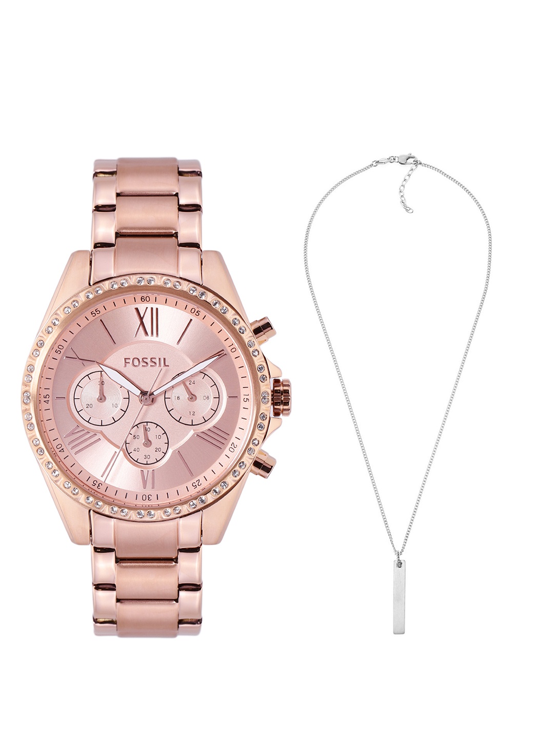 

Fossil Unisex Set Of 2 Pendant With Embellished Analogue Watch BQ3377-Rose Gold