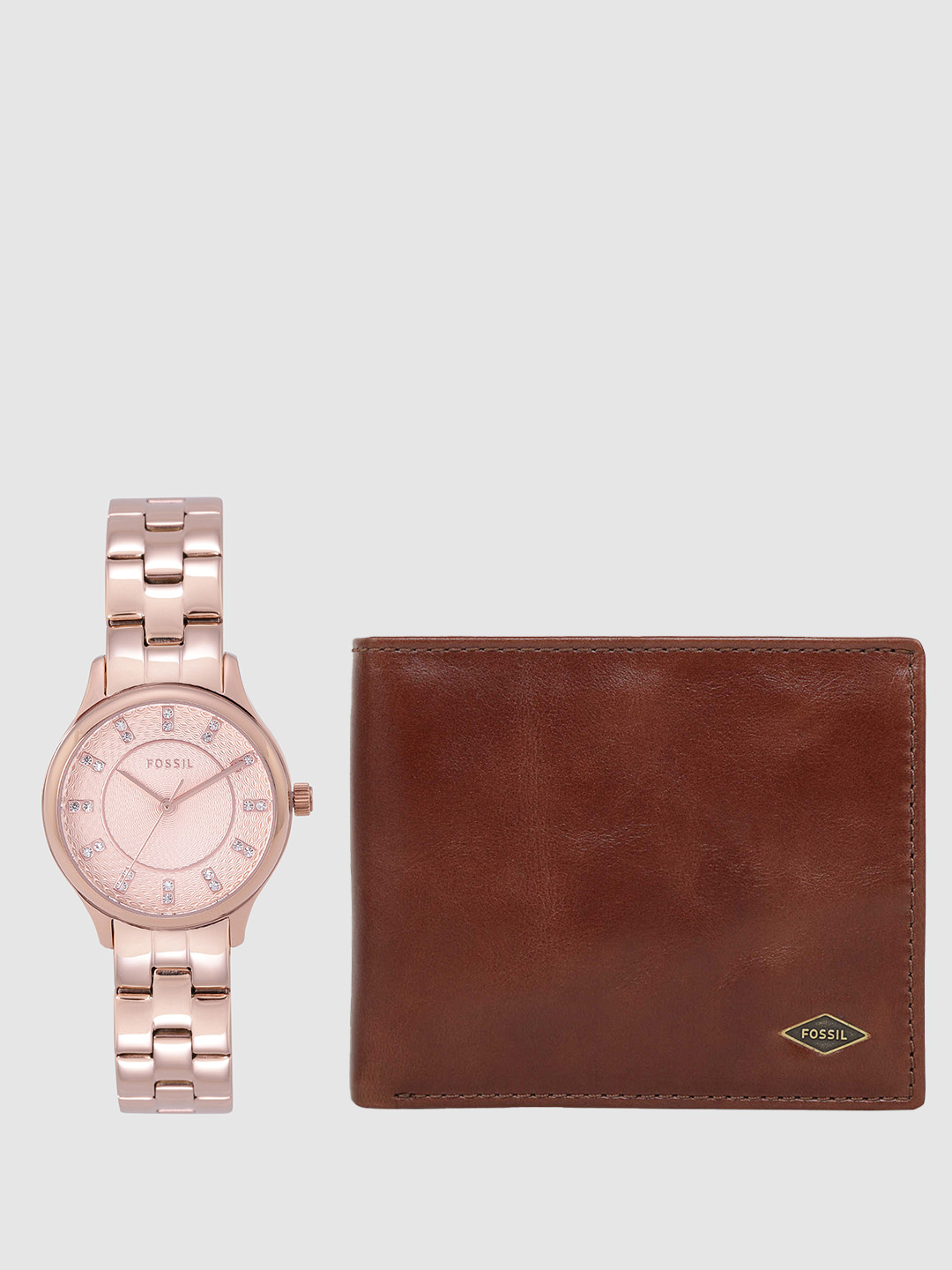 

Fossil Unisex Set Of 2 Two Fold Wallet With Embellished Analogue Watch BQ1571-ROSE GOLD