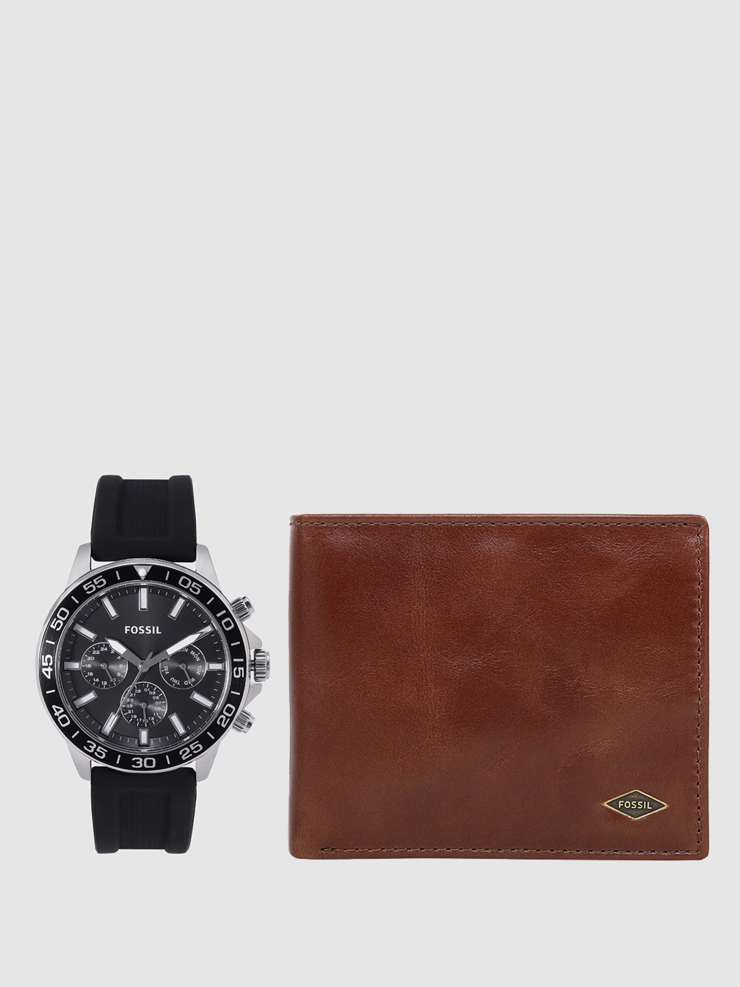 

Fossil Men Set Of 2 Leather Two Fold Wallet With Analogue Watch BQ2494, Black