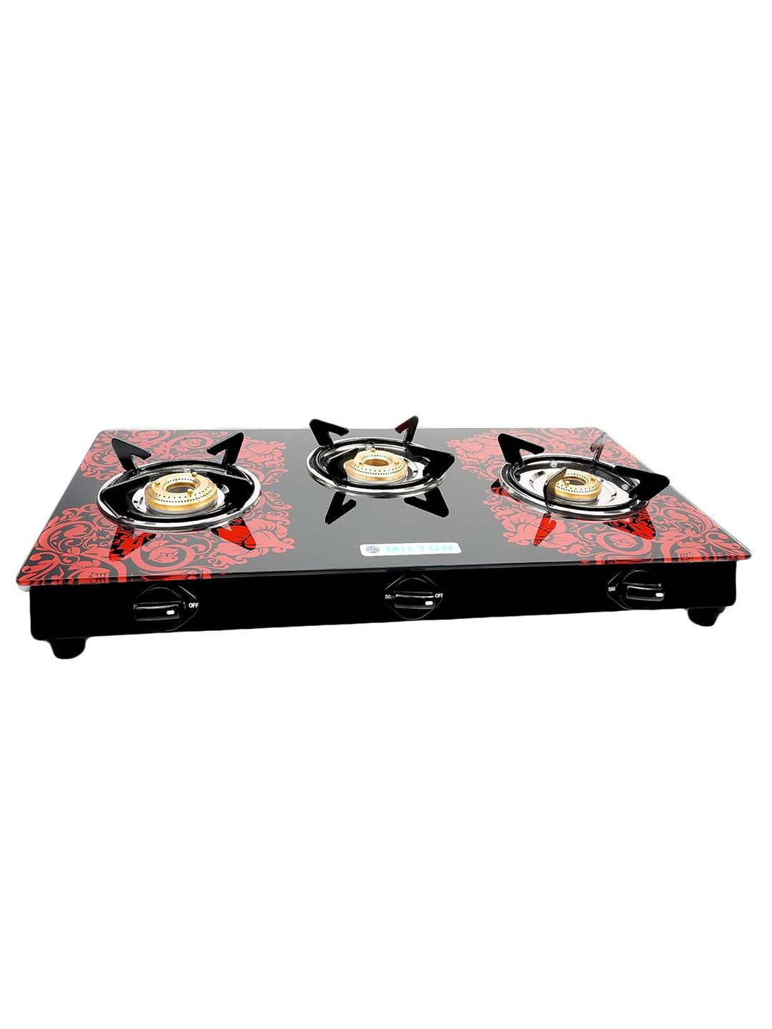 

Milton Premium Printed 3 Burner Glass LPG Gas Stove, Red