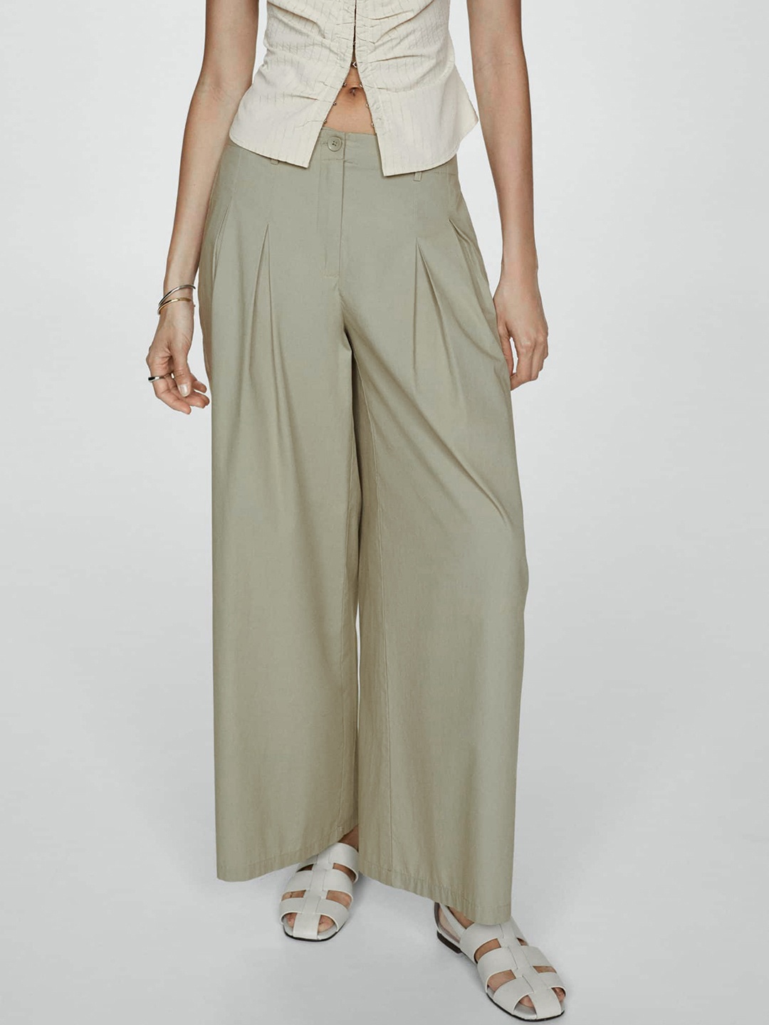 

MANGO Women Pleated Wide Leg Pure Cotton Trousers, Green