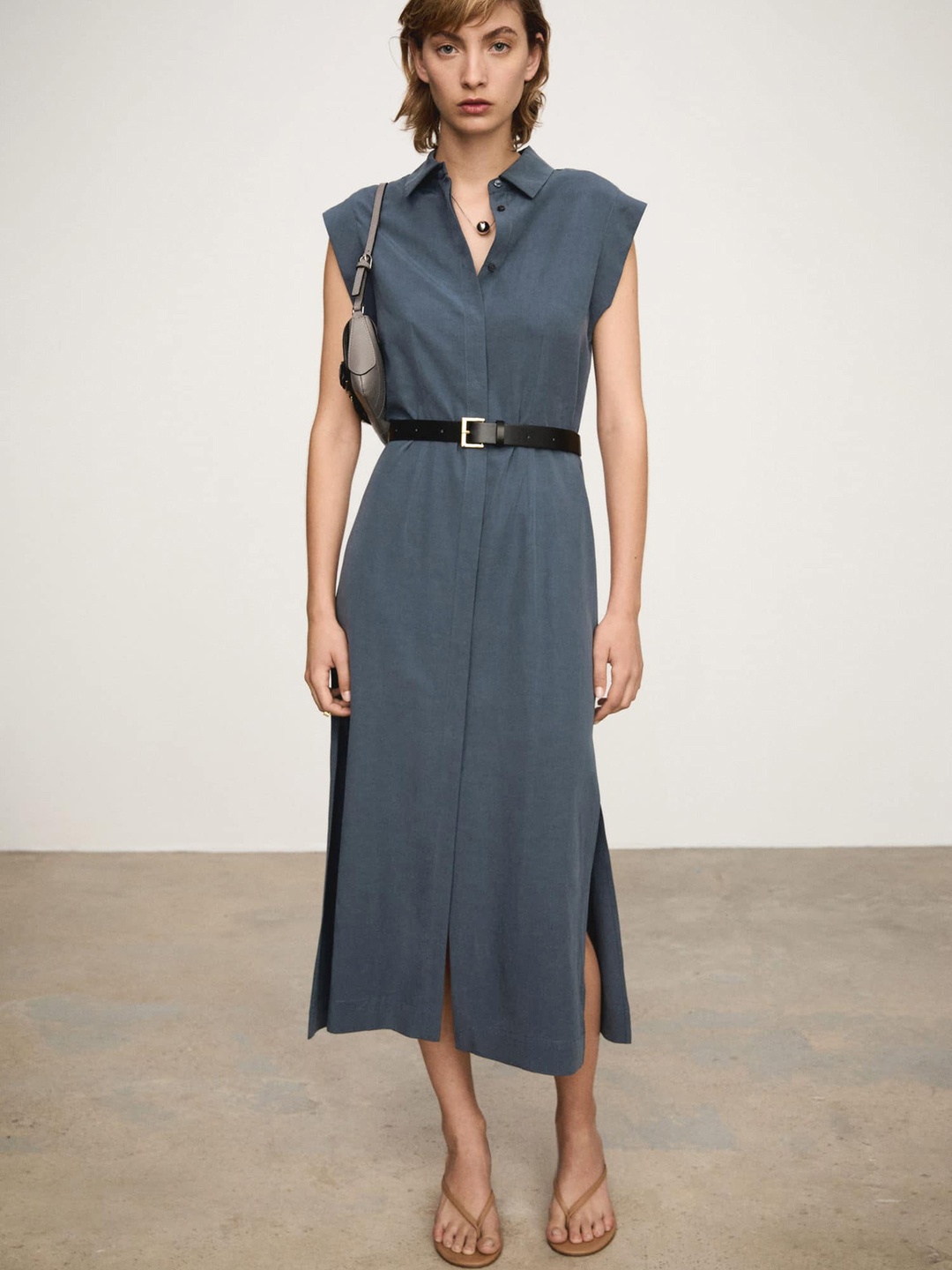 

MANGO Shirt Midi Dress with Belt, Navy blue