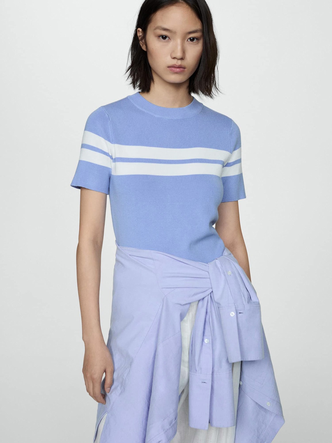 

MANGO Women Striped Knitted T-shirt, Blue