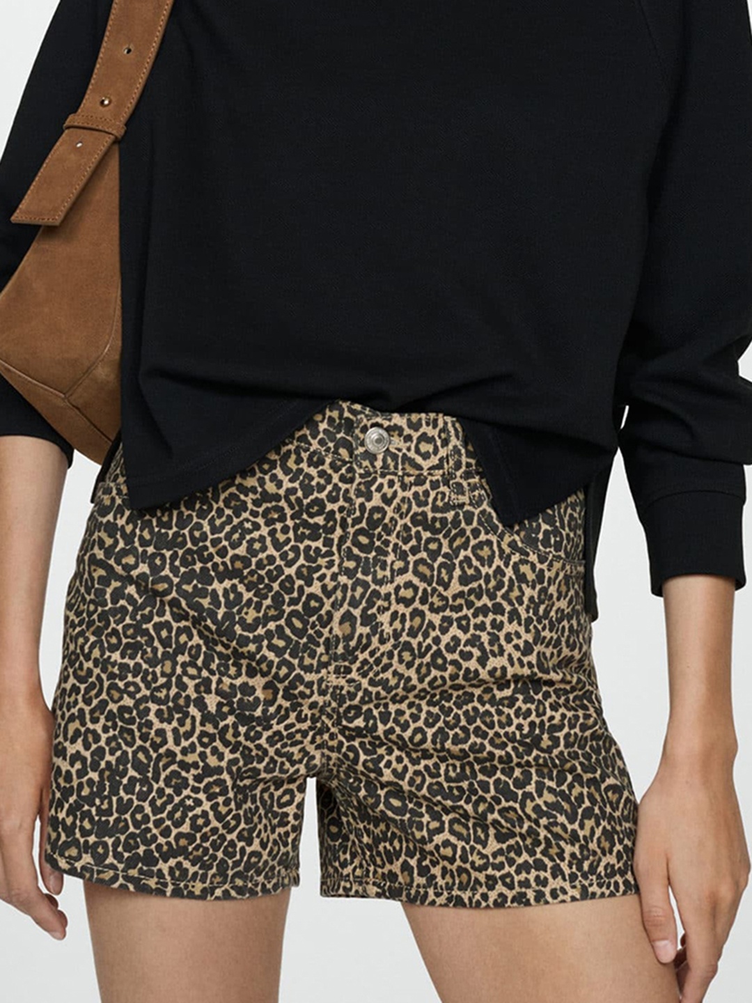 

MANGO Women Leopard Printed Denim Shorts, Black