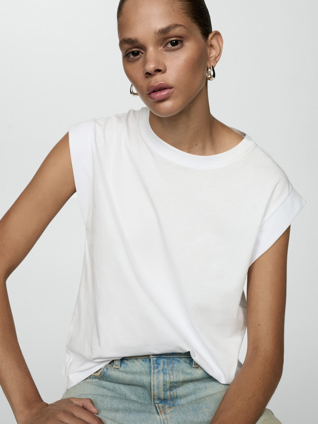 

MANGO Extended Sleeves Pure Cotton T-shirt, White