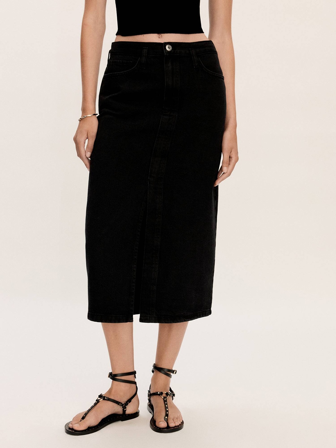 

MANGO Pure Cotton Front Slit Denim Straight Skirt, Black
