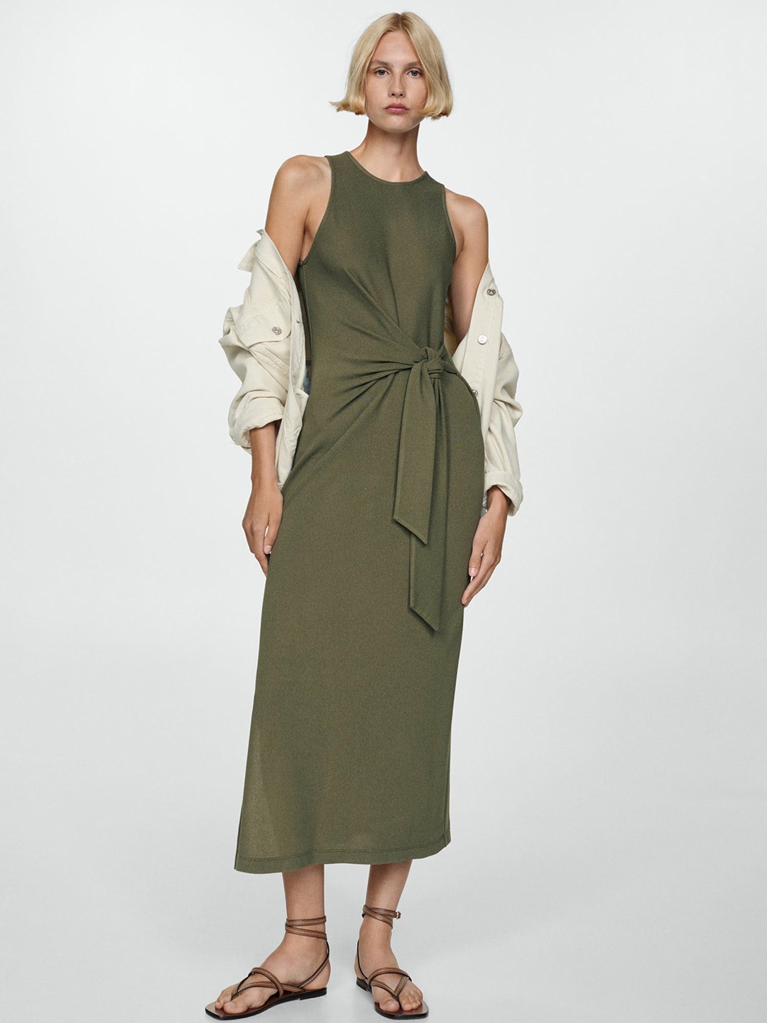 

MANGO Knot Front Sheath Midi Dress, Olive