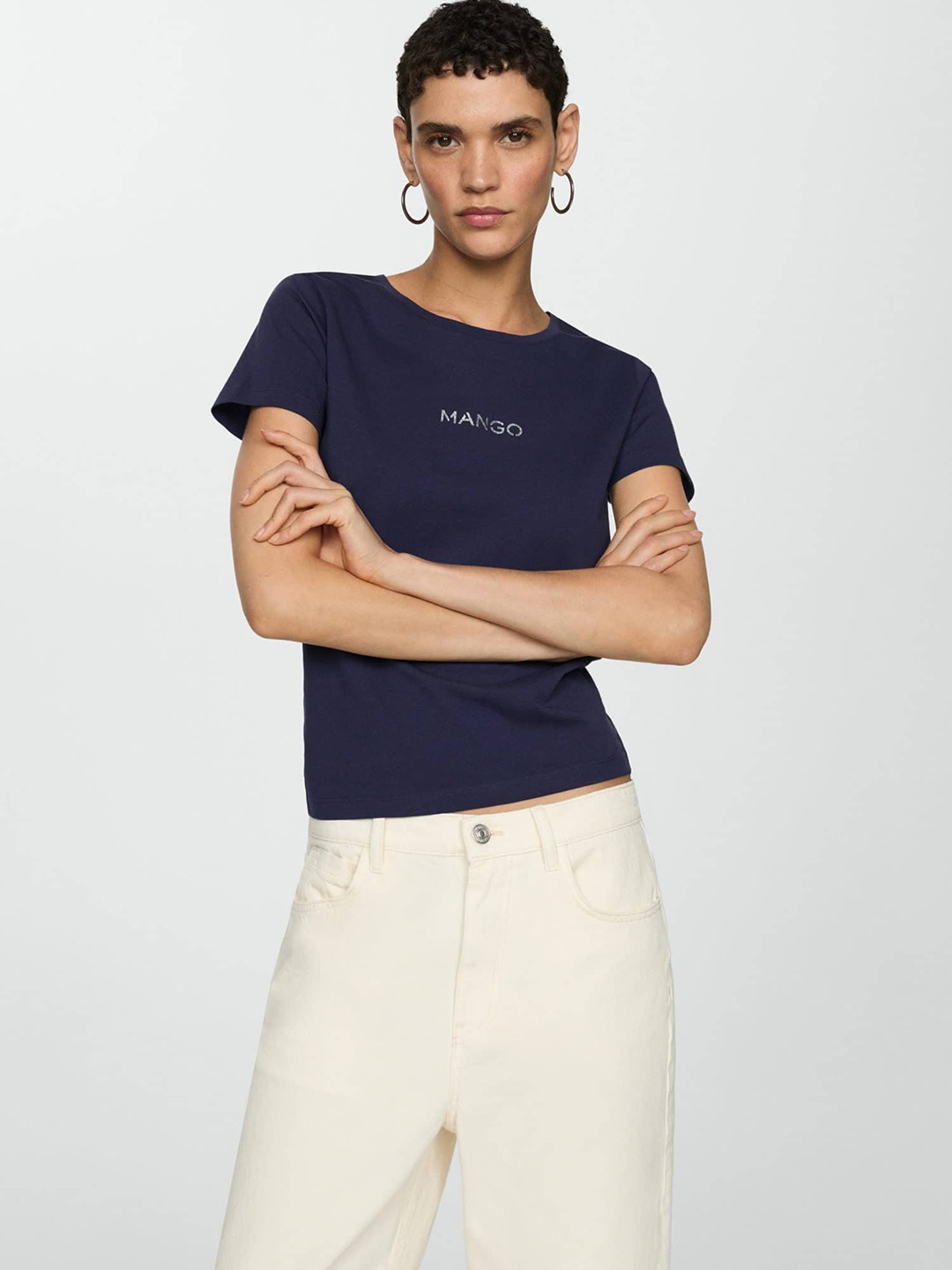 

MANGO Women Brand Logo Printed Pure Cotton T-shirt, Black