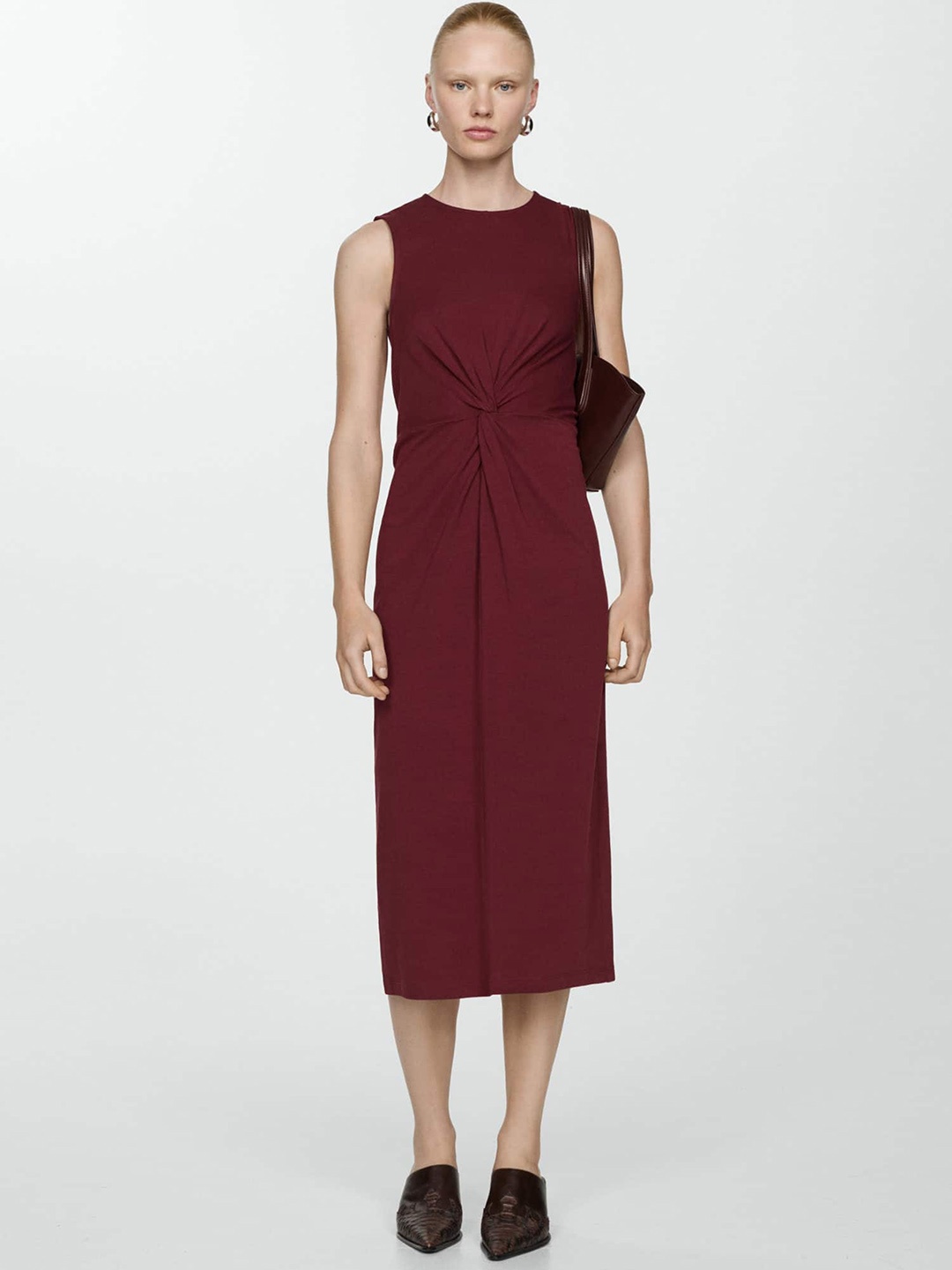 

MANGO Pure Cotton Twisted Midi Dress, Maroon