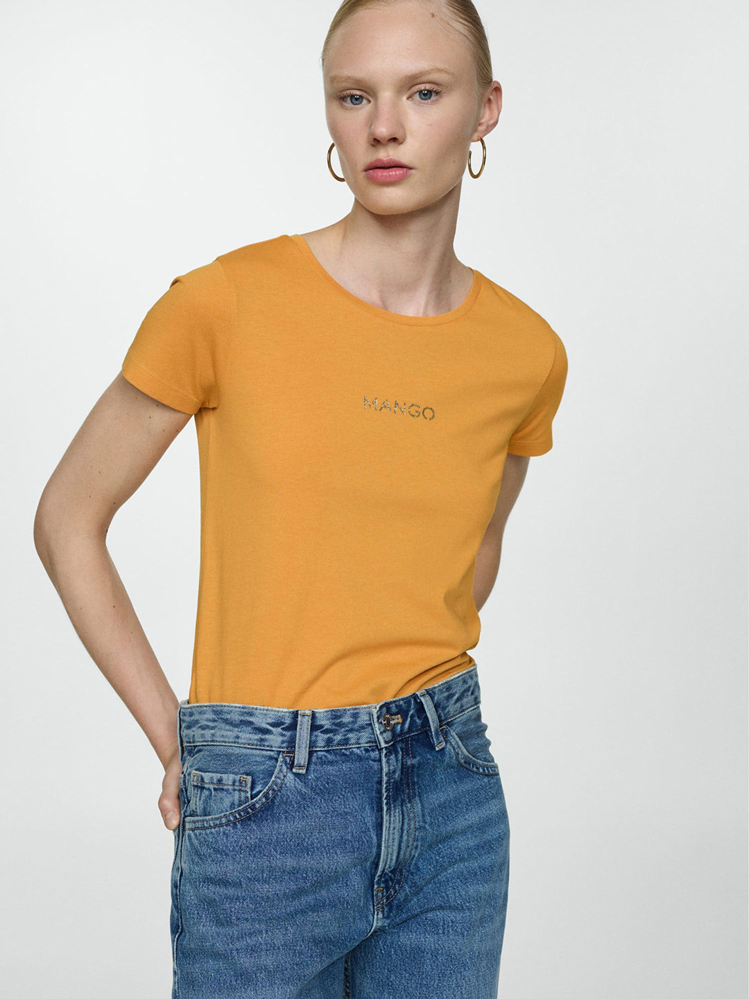 

MANGO Women Brand Logo Printed Pure Cotton T-shirt, Orange