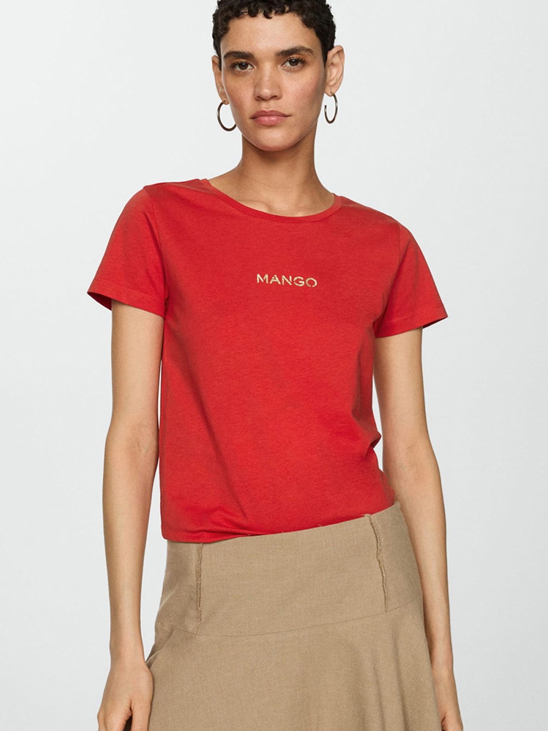 

MANGO Women Brand Logo Printed Pure Cotton T-shirt, Red