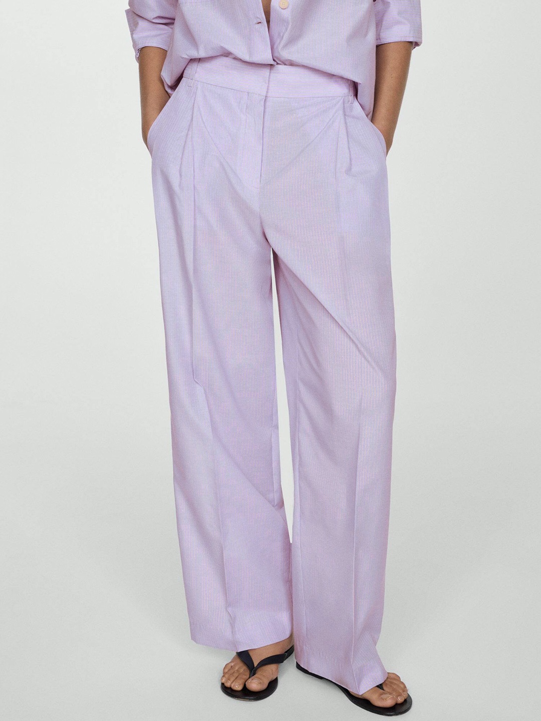 

MANGO Women Striped Pleated Wide Leg Trousers, Lavender