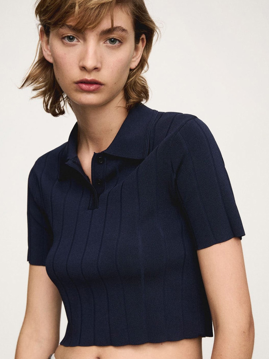 

MANGO Ribbed Polo Collar T-shirt, Navy blue