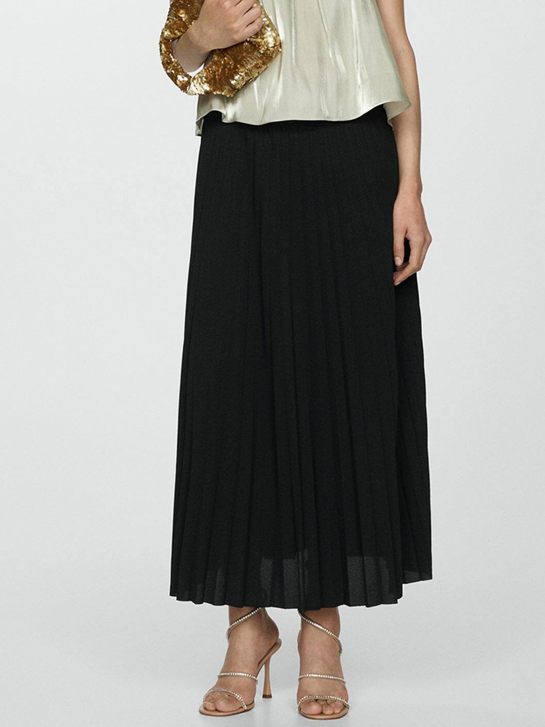 MANGO Accordion Pleats Midi Skirt, Black