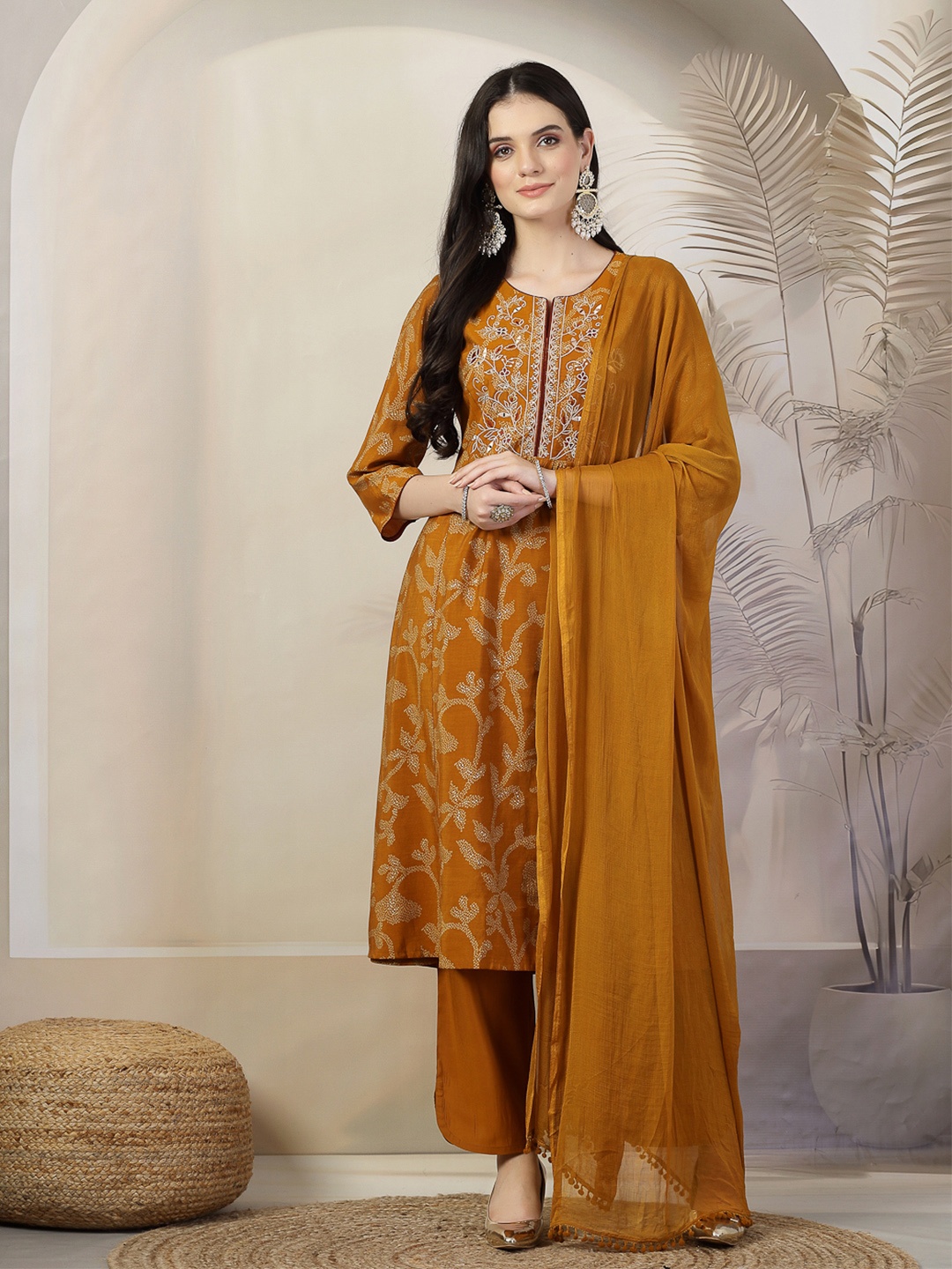 

Nayam By Lakshita Bandhani Printed Thread Work A-Line Kurta With Palazzos & Dupatta, Mustard